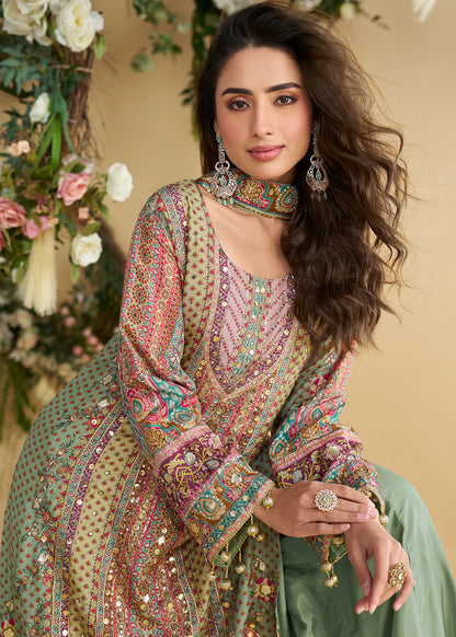 Designer Mint Multicolor Printed Indo Western Crepe Silk Palazzo Suit