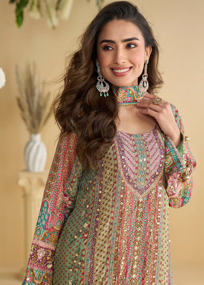 Designer Mint Multicolor Printed Indo Western Crepe Silk Palazzo Suit