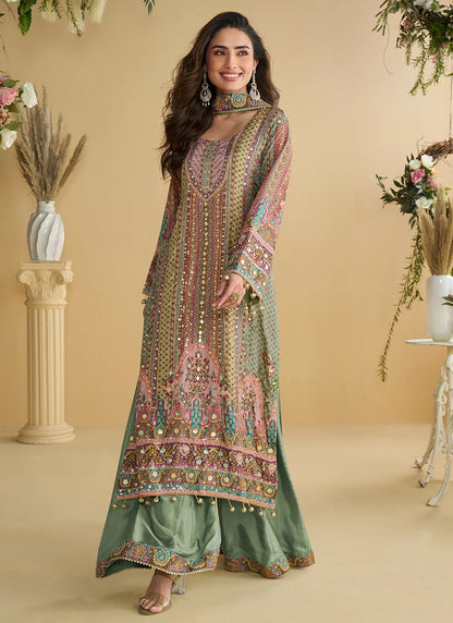 Designer Mint Multicolor Printed Indo Western Crepe Silk Palazzo Suit