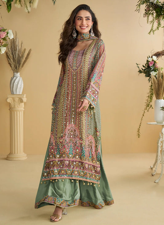 Designer Mint Multicolor Printed Indo Western Crepe Silk Palazzo Suit