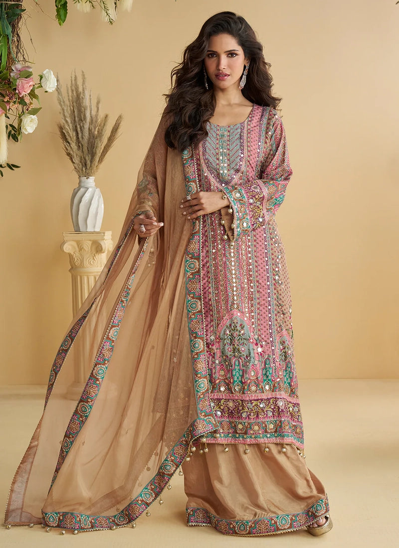 Designer Caramel Beige Printed Indo Western Crepe Silk Palazzo Suit