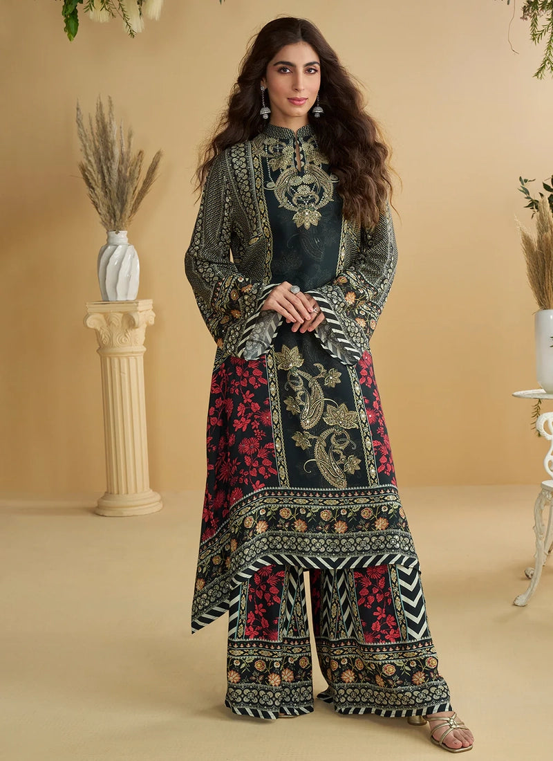 Designer Black Red Printed Indo Western Crepe Silk Palazzo Suit