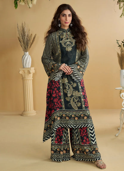 Designer Black Red Printed Indo Western Crepe Silk Palazzo Suit