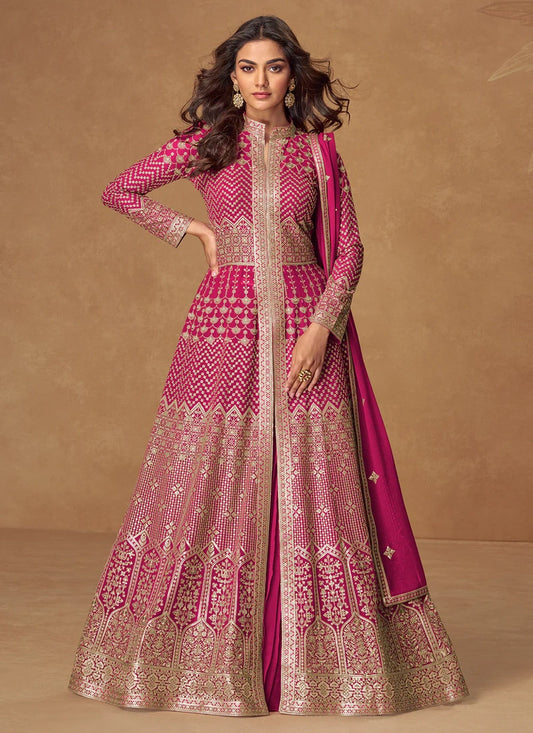 Rani Pink Embroidered Georgette Anarkali Suit for Indian & Pakistani Weddings