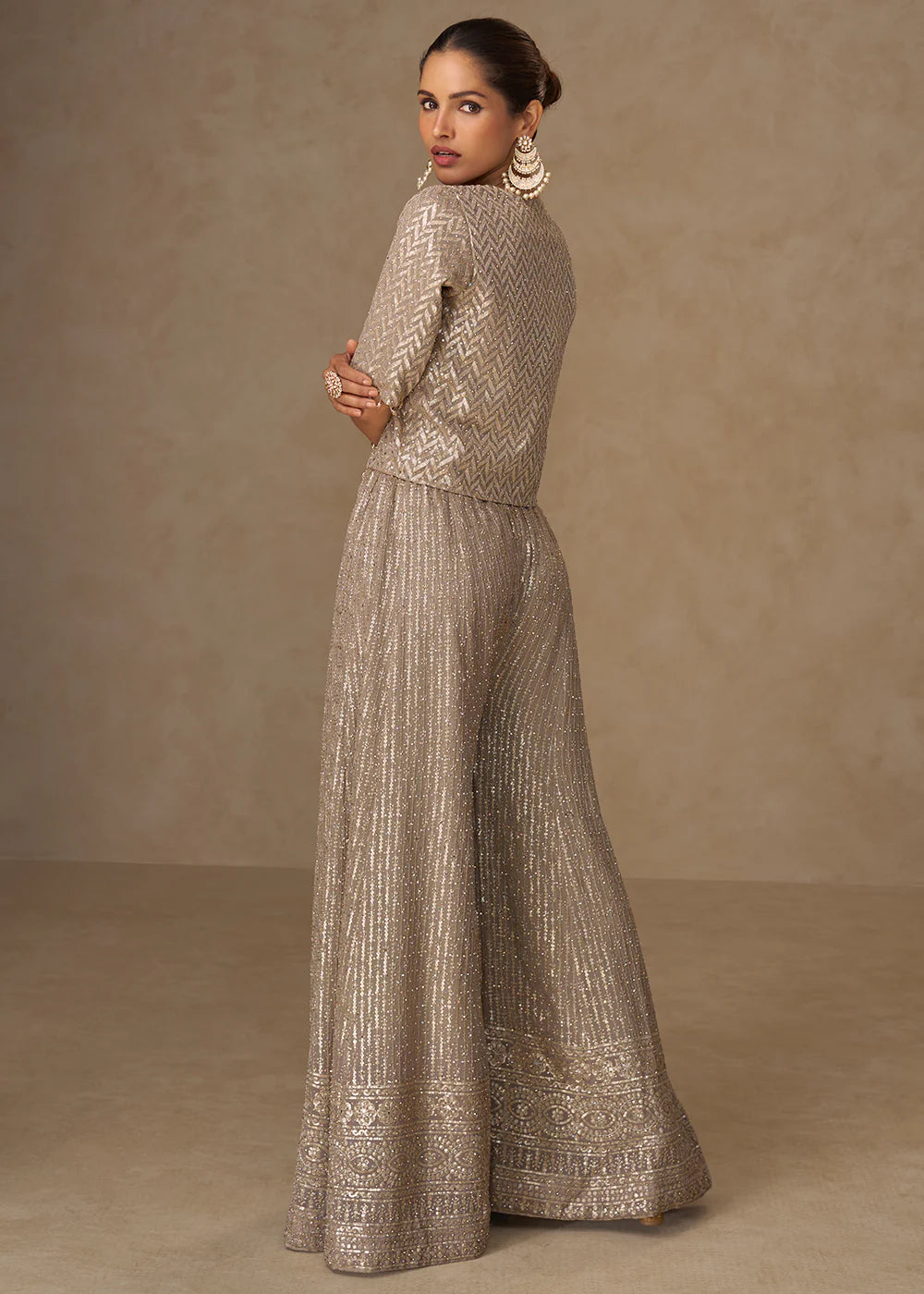 Designer Gold Champagne Embroidered Indo Western Georgette Jacket Palazzo Set