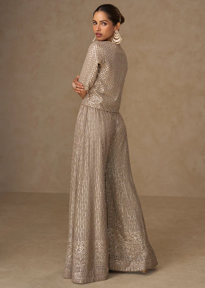 Designer Gold Champagne Embroidered Indo Western Georgette Jacket Palazzo Set