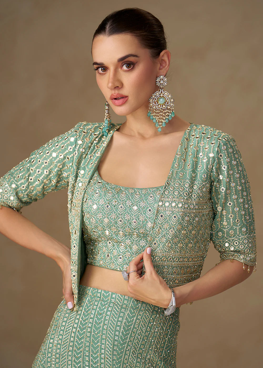 Designer Soft Pastel Mint Green Embroidered Indo Western Georgette Jacket Palazzo Set