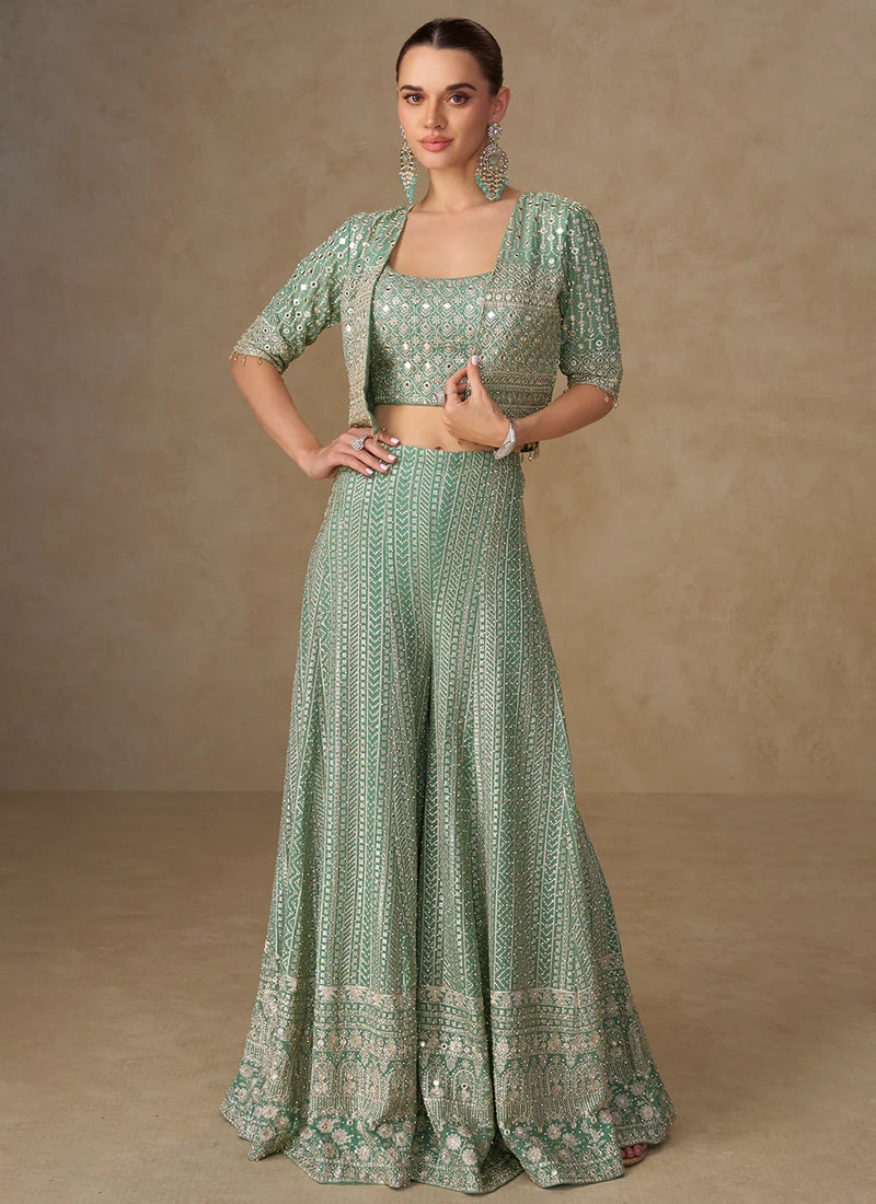 Designer Soft Pastel Mint Green Embroidered Indo Western Georgette Jacket Palazzo Set