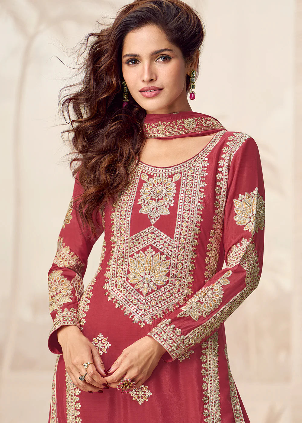 Deep Red Chinnon Silk Palazzo Suit with Traditional Zari Embroidery for Indian Weddings & Pakistani Festivals