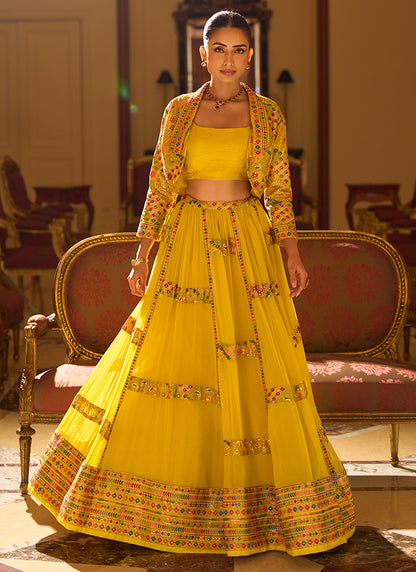 Designer Sunshine Yellow Embroidered Indo Western Georgette Lehenga Set