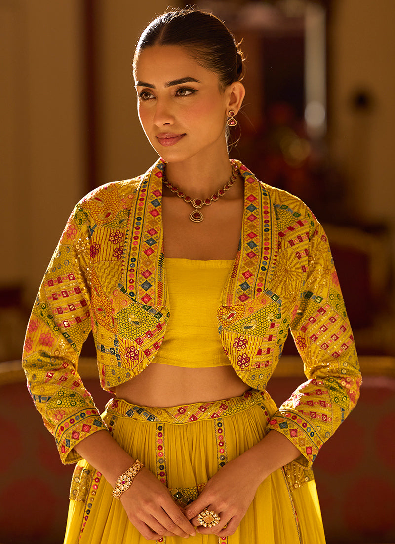 Designer Sunshine Yellow Embroidered Indo Western Georgette Lehenga Set