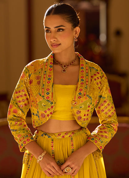 Designer Sunshine Yellow Embroidered Indo Western Georgette Lehenga Set