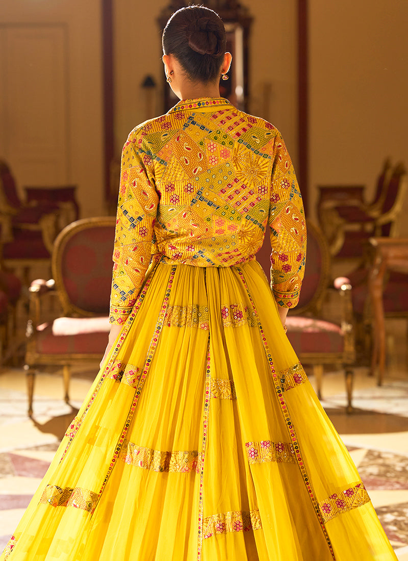 Designer Sunshine Yellow Embroidered Indo Western Georgette Lehenga Set