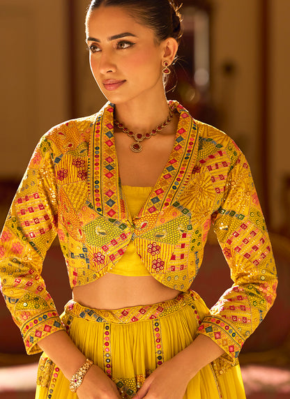 Designer Sunshine Yellow Embroidered Indo Western Georgette Lehenga Set