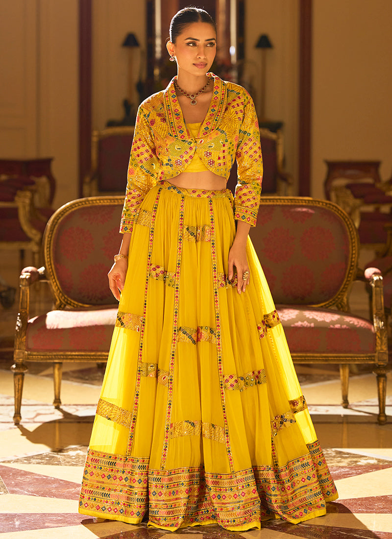 Designer Sunshine Yellow Embroidered Indo Western Georgette Lehenga Set