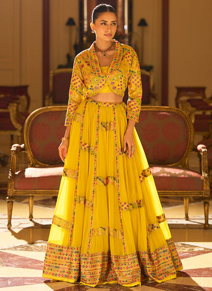 Designer Sunshine Yellow Embroidered Indo Western Georgette Lehenga Set