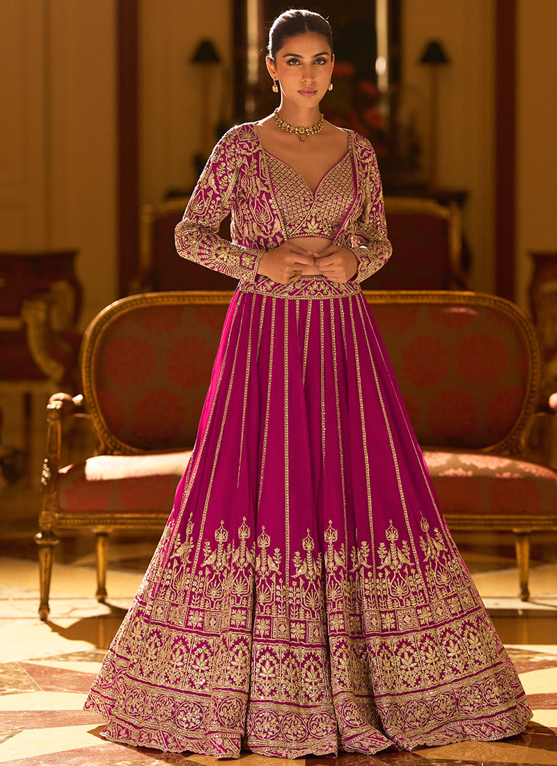 Designer Rani Pink Embroidered Indo Western Georgette Lehenga Set