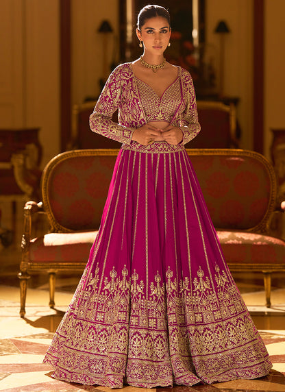 Designer Rani Pink Embroidered Indo Western Georgette Lehenga Set