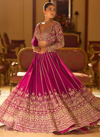 Designer Rani Pink Embroidered Indo Western Georgette Lehenga Set