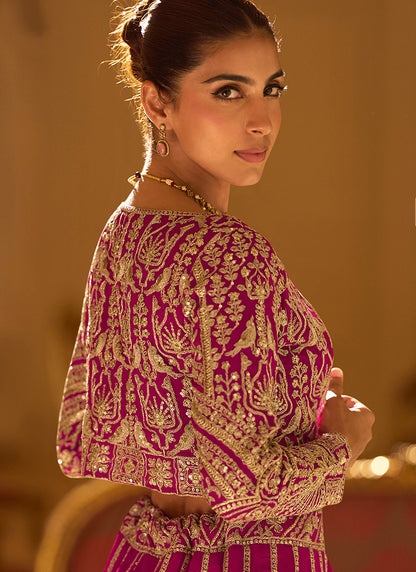 Designer Rani Pink Embroidered Indo Western Georgette Lehenga Set