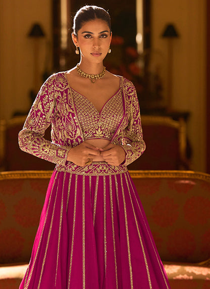 Designer Rani Pink Embroidered Indo Western Georgette Lehenga Set