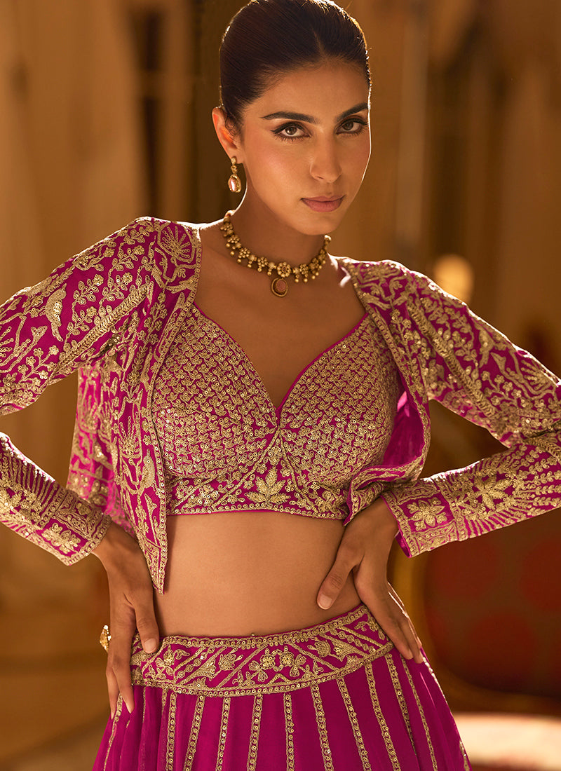 Designer Rani Pink Embroidered Indo Western Georgette Lehenga Set