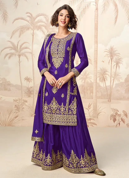 Royal Purple Chinnon Silk Palazzo Suit with Golden Embroidery for Cultural Events