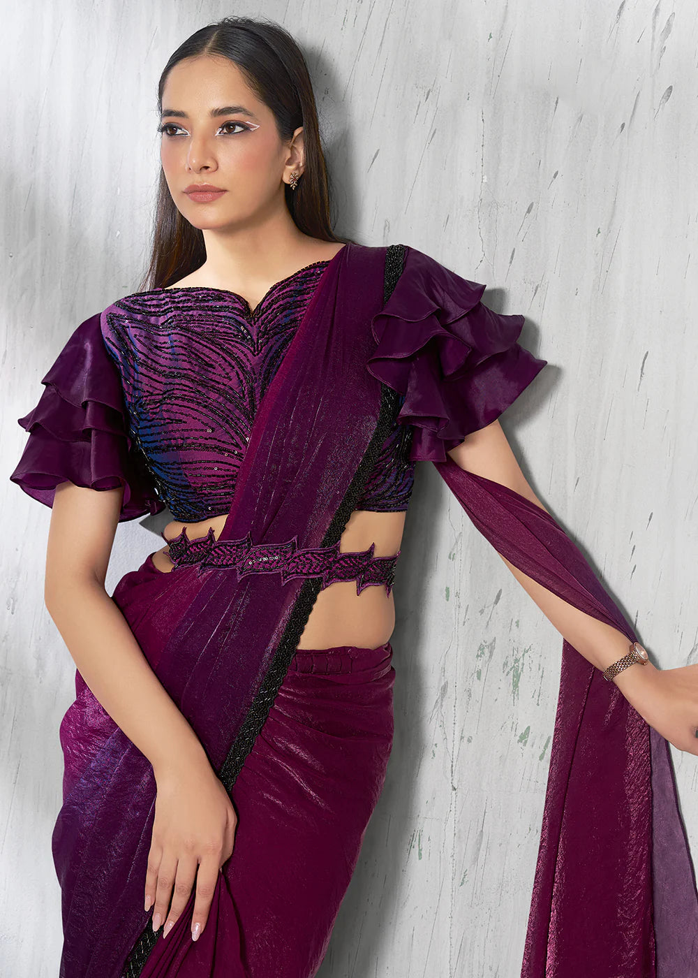 Ready to Wear Designer Wine Silk Satin Pre-Stitched Saree