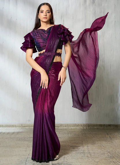 Ready to Wear Designer Wine Silk Satin Pre-Stitched Saree