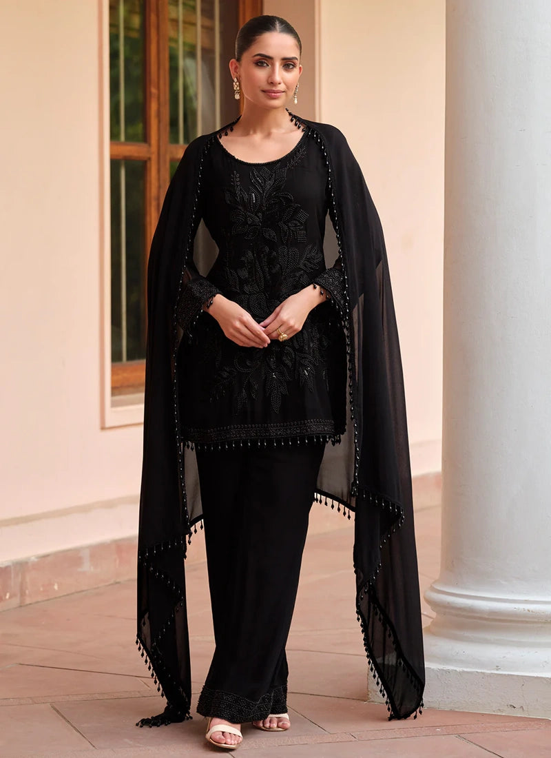 Designer Black Embroidered Georgette Party Wear Suit with Dupatta