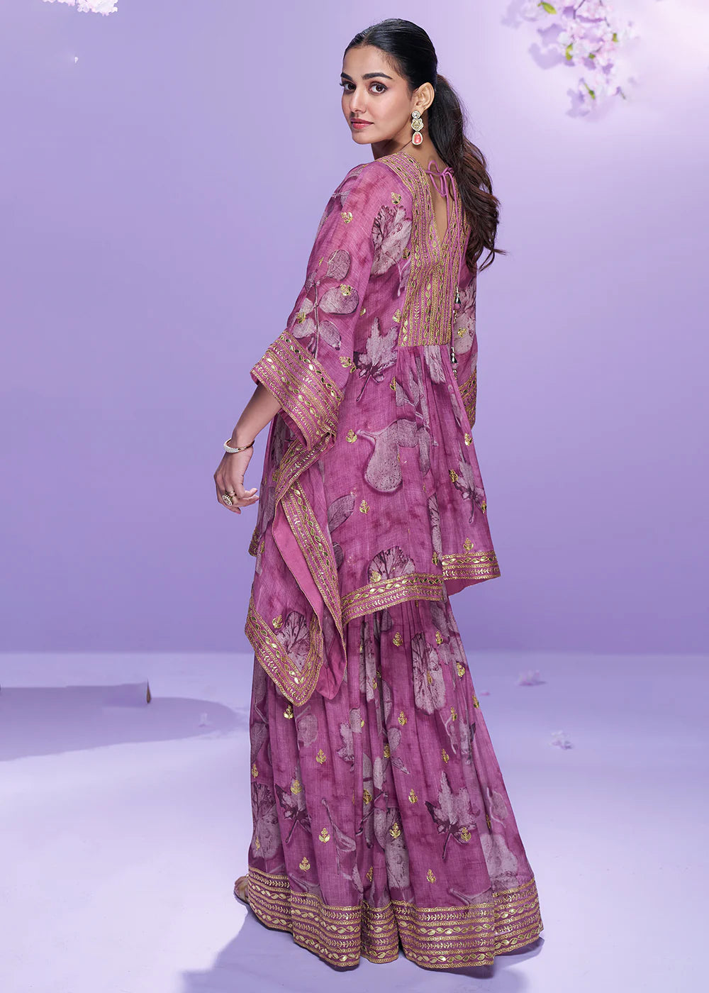 Designer Dusty Pink Floral Georgette Kaftan Sharara Suit For Indian Wedding and Pakistani Festival