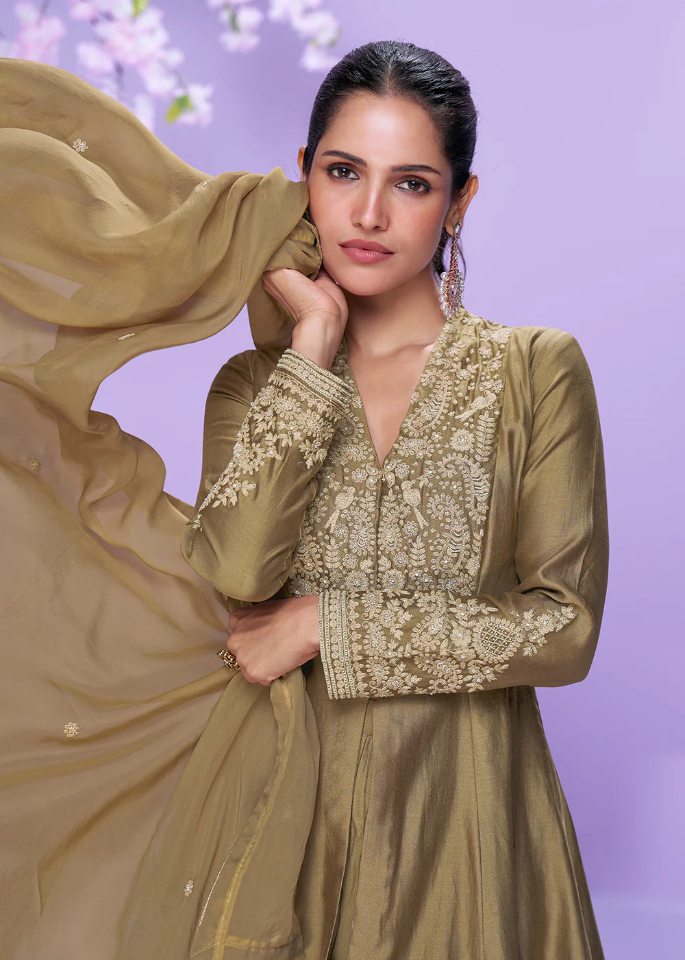Olive Green Roman Silk Long Kurta Palazzo Suit for Indian Wedding and Pakistani Festival