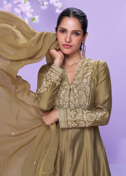 Olive Green Roman Silk Long Kurta Palazzo Suit for Indian Wedding and Pakistani Festival