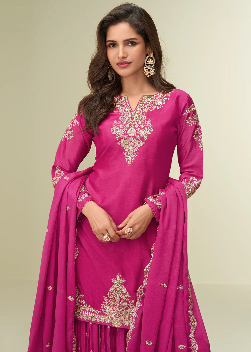 Pink Chinon Embroidered Sharara Suit For Indian Wedding and Pakistani Festival