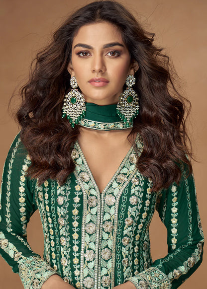 Party Wear Geen Chinon Silk Anarkali Suit with Heavy Embroidery