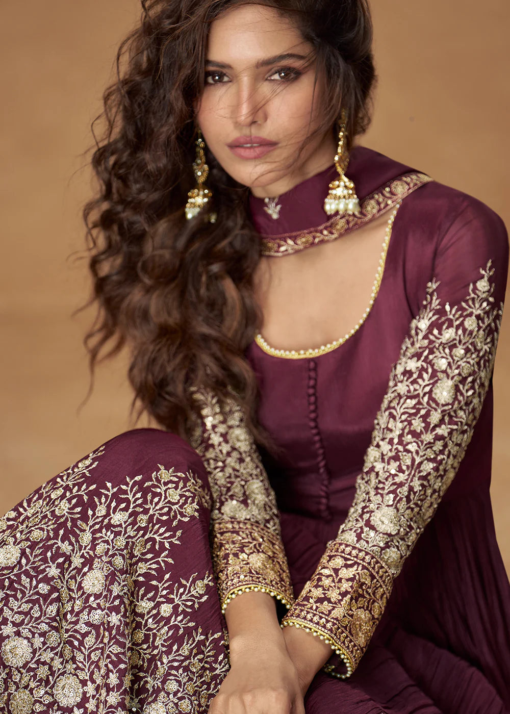 Party Wear Wine Chinon Silk Anarkali Suit with Floral Embroidery