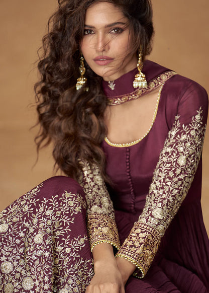 Party Wear Wine Chinon Silk Anarkali Suit with Floral Embroidery