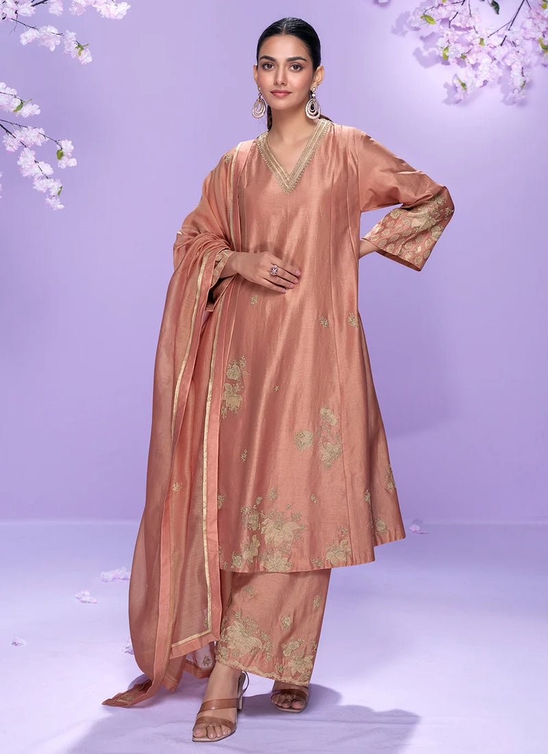Peach Roman Silk Long Kurta Palazzo Suit for Indian Wedding and Pakistani Festival