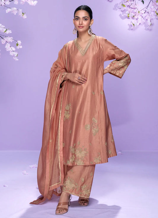 Peach Roman Silk Long Kurta Palazzo Suit for Indian Wedding and Pakistani Festival