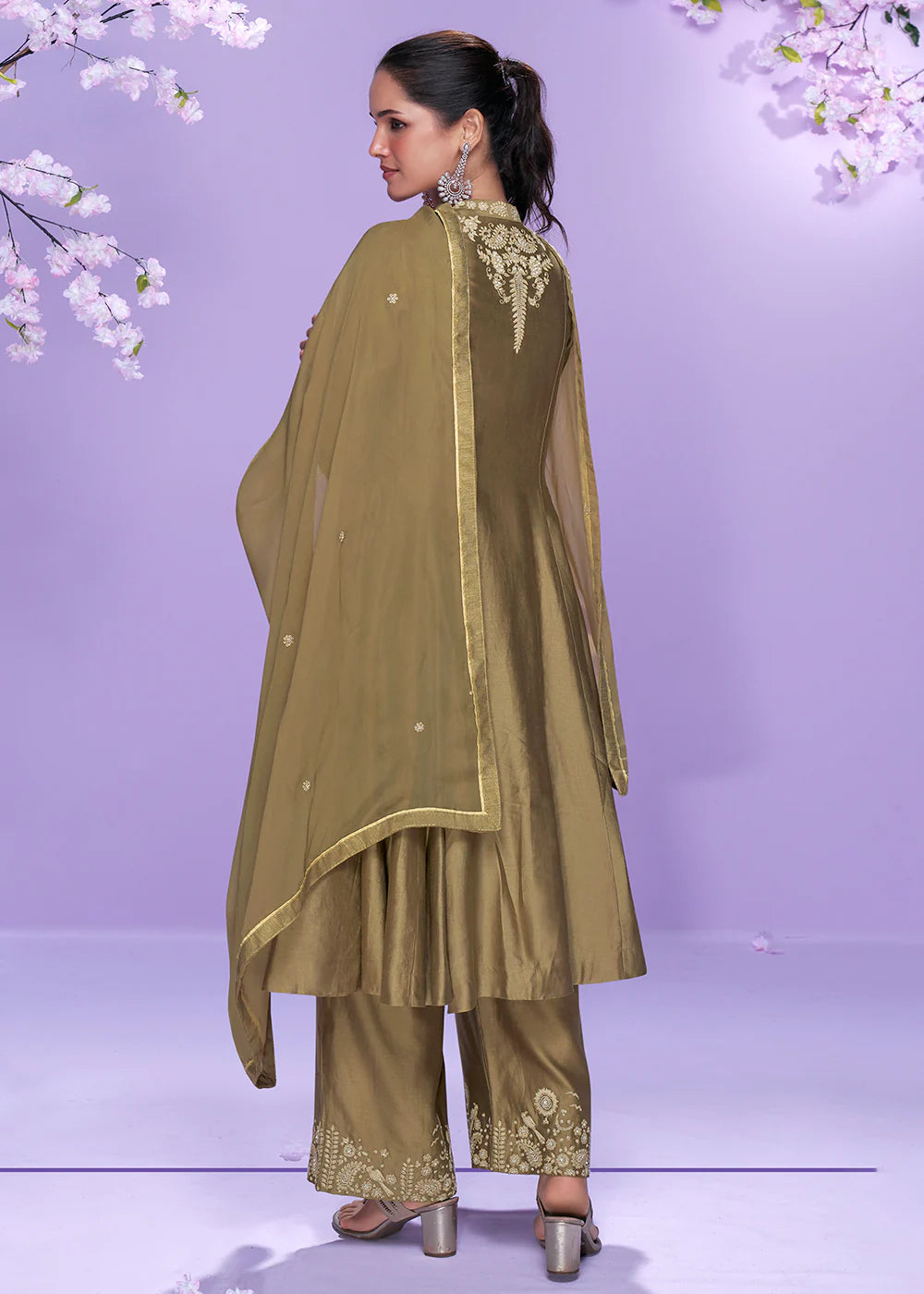 Olive Green Roman Silk Long Kurta Palazzo Suit for Indian Wedding and Pakistani Festival