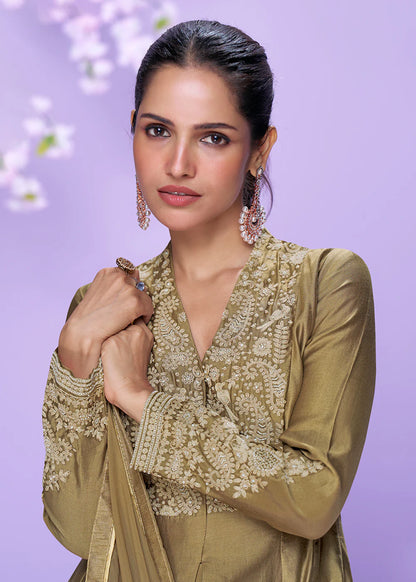 Olive Green Roman Silk Long Kurta Palazzo Suit for Indian Wedding and Pakistani Festival