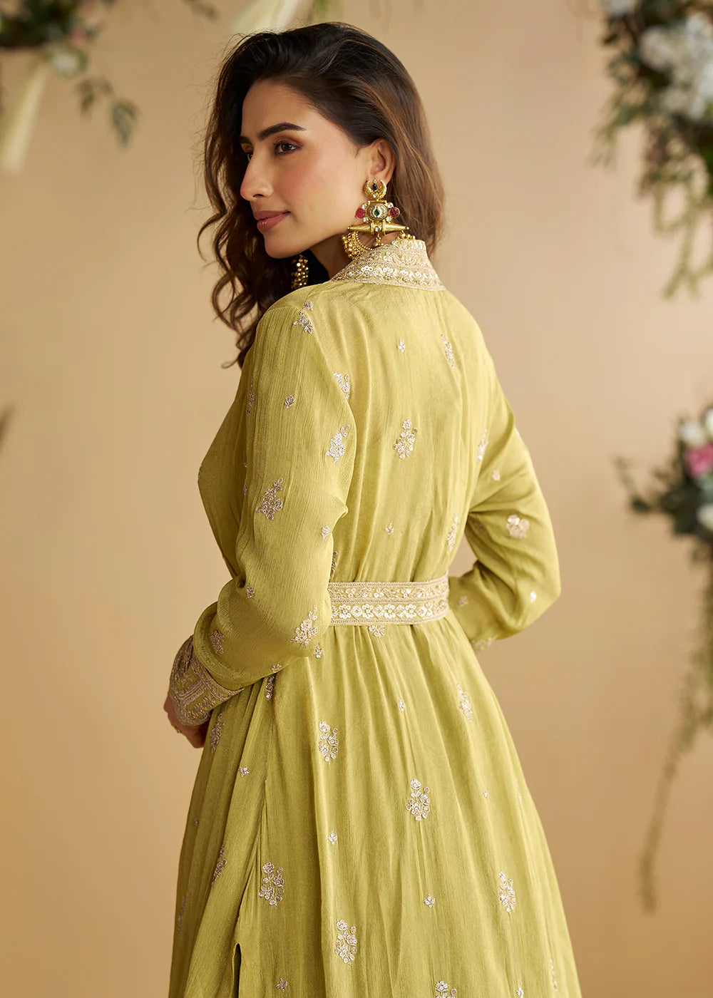 Designer Lime Green Chinon Silk Jacket Style Anarkali Dress
