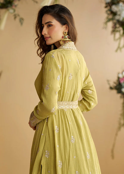 Designer Lime Green Chinon Silk Jacket Style Anarkali Dress