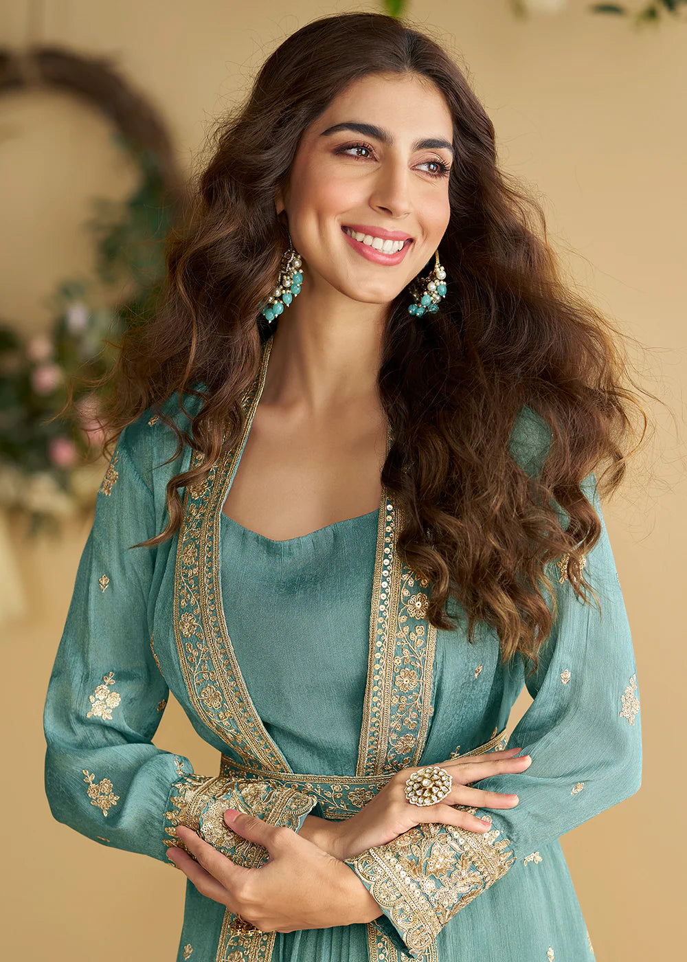 Designer Sky Blue Chinon Silk Jacket Style Anarkali Dress