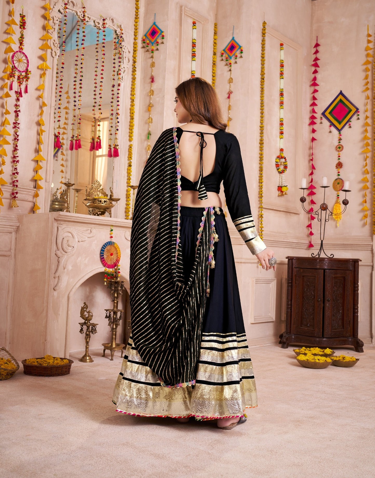 Black Mirror Embroidered Jacquard Navratri Lehenga Choli with Gamthi Lace