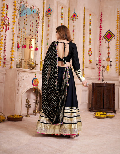 Black Mirror Embroidered Jacquard Navratri Lehenga Choli with Gamthi Lace