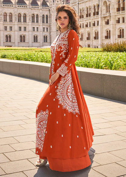 Rust Orange Organza Silk Slit Kurta With Palazzo Set for Indian Wedding and Pakistani Festival