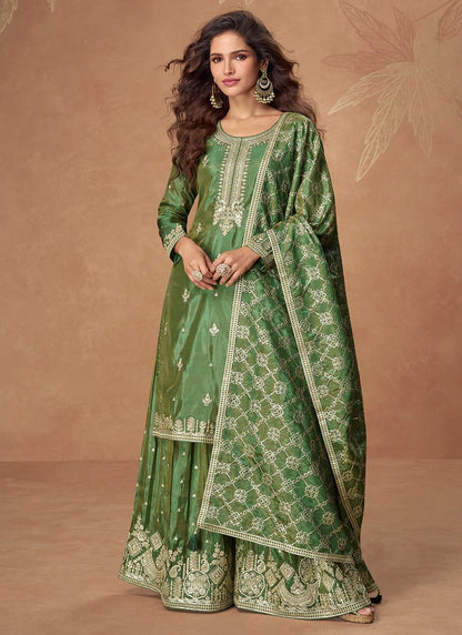 Buy Online Readymade Green Simar Silk Sharara Suit For Pakistani Festival XL (42") Buy Online Readymade Green Simar Silk Sharara Suit For Pakistani Festival XL (42")