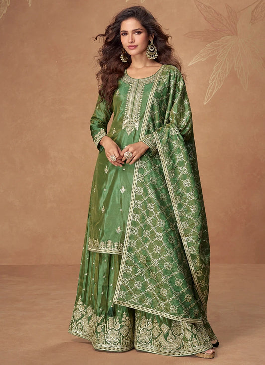 Bottle Green Simar Silk Sharara Suit with Reshamkari and Zari Embroidery – Pakistani Wedding Wear