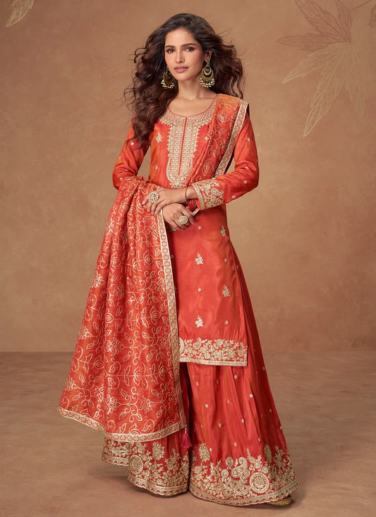 Rust Orange Simar Silk Palazzo Suit with Reshamkari Embroidery For Punjabi Weddings